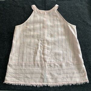 Pure Navy Saks Linen 100% Women's S Pink Stripe Raw Hem Back Button Blouse‎ Tank